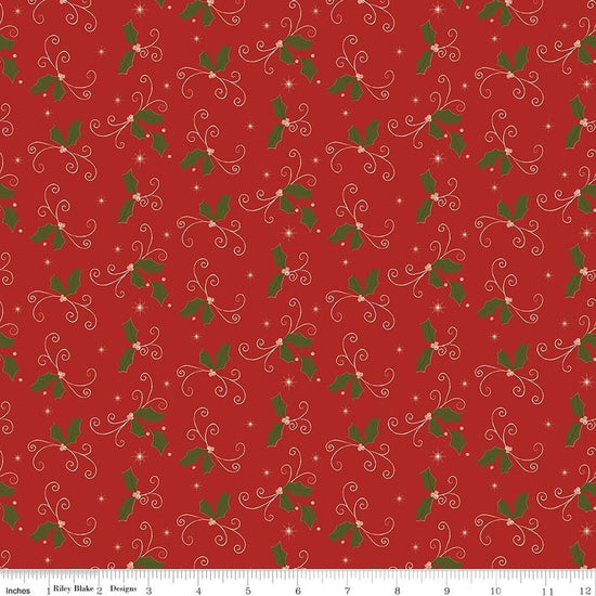 Image of Christmas Greetings Holly Red quilting cotton fabric by Sandy Gervais for Riley Blake Designs. Features holly on a red background. Cute Little Fabric Shop.