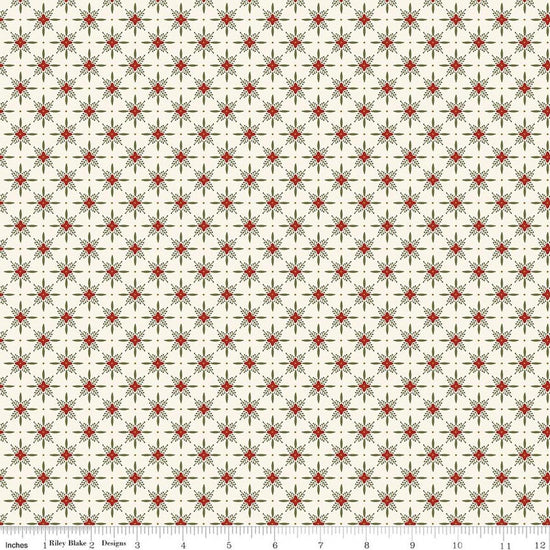 Image of Christmas Greetings Twinkle Cream quilting cotton fabric by Sandy Gervais for Riley Blake Designs. Features a geometric pattern on a cream background. Cute Little Fabric Shop.