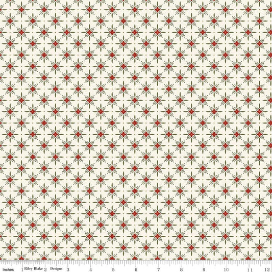 Image of Christmas Greetings Twinkle Cream quilting cotton fabric by Sandy Gervais for Riley Blake Designs. Features a geometric pattern on a cream background. Cute Little Fabric Shop.