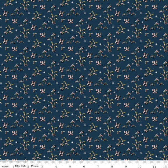 Image of Christmas Greetings Berries Navy quilting cotton fabric by Sandy Gervais for Riley Blake Designs. Features flowers on a blue background. Cute Little Fabric Shop.