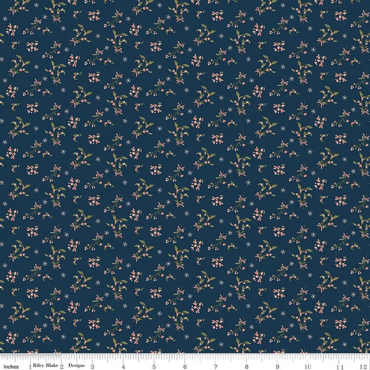 Image of Christmas Greetings Berries Navy quilting cotton fabric by Sandy Gervais for Riley Blake Designs. Features flowers on a blue background. Cute Little Fabric Shop.