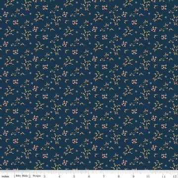 Image of Christmas Greetings Berries Navy quilting cotton fabric by Sandy Gervais for Riley Blake Designs. Features flowers on a blue background. Cute Little Fabric Shop.