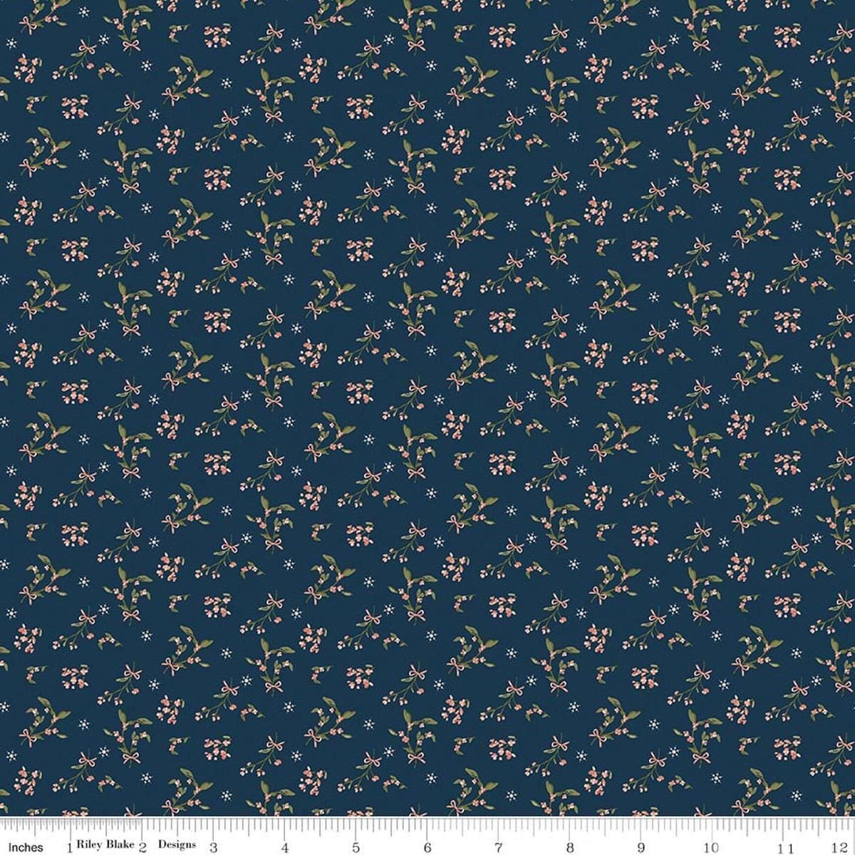 Image of Christmas Greetings Berries Navy quilting cotton fabric by Sandy Gervais for Riley Blake Designs. Features flowers on a blue background. Cute Little Fabric Shop.