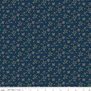 Image of Christmas Greetings Berries Navy quilting cotton fabric by Sandy Gervais for Riley Blake Designs. Features flowers on a blue background. Cute Little Fabric Shop.