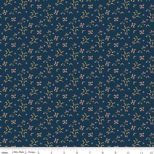 Image of Christmas Greetings Berries Navy quilting cotton fabric by Sandy Gervais for Riley Blake Designs. Features flowers on a blue background. Cute Little Fabric Shop.