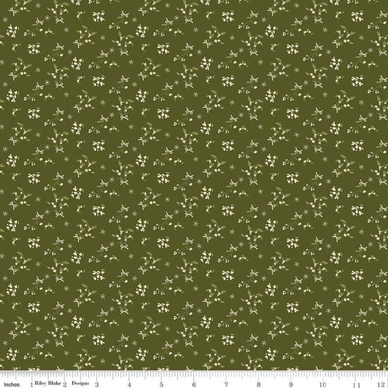 Image of Christmas Greetings Berries Green quilting cotton fabric by Sandy Gervais for Riley Blake Designs. Features flowers on a green background. Cute Little Fabric Shop.