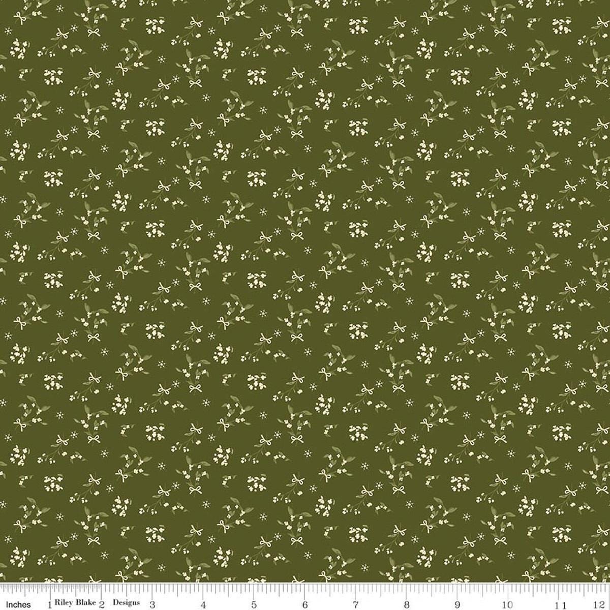 Image of Christmas Greetings Berries Green quilting cotton fabric by Sandy Gervais for Riley Blake Designs. Features flowers on a green background. Cute Little Fabric Shop.