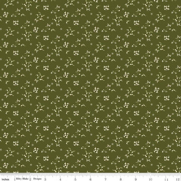 Image of Christmas Greetings Berries Green quilting cotton fabric by Sandy Gervais for Riley Blake Designs. Features flowers on a green background. Cute Little Fabric Shop.
