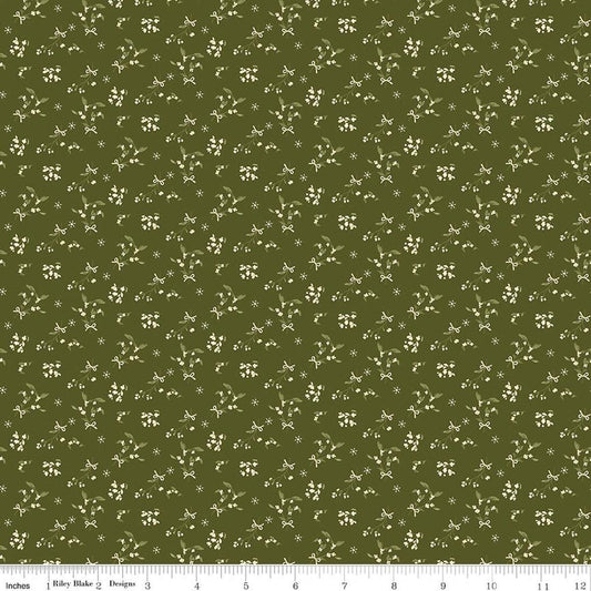 Image of Christmas Greetings Berries Green quilting cotton fabric by Sandy Gervais for Riley Blake Designs. Features flowers on a green background. Cute Little Fabric Shop.