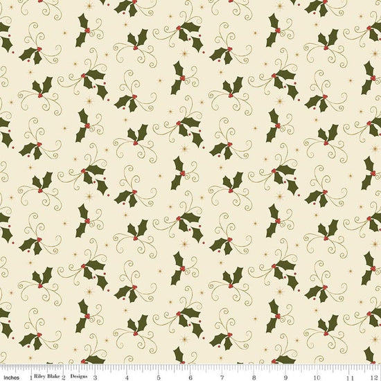 Image of Christmas Greetings Holly Cream quilting cotton fabric by Sandy Gervais for Riley Blake Designs. Features holly on a cream background. Cute Little Fabric Shop.