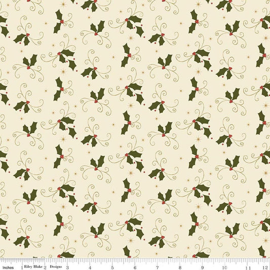 Image of Christmas Greetings Holly Cream quilting cotton fabric by Sandy Gervais for Riley Blake Designs. Features holly on a cream background. Cute Little Fabric Shop.