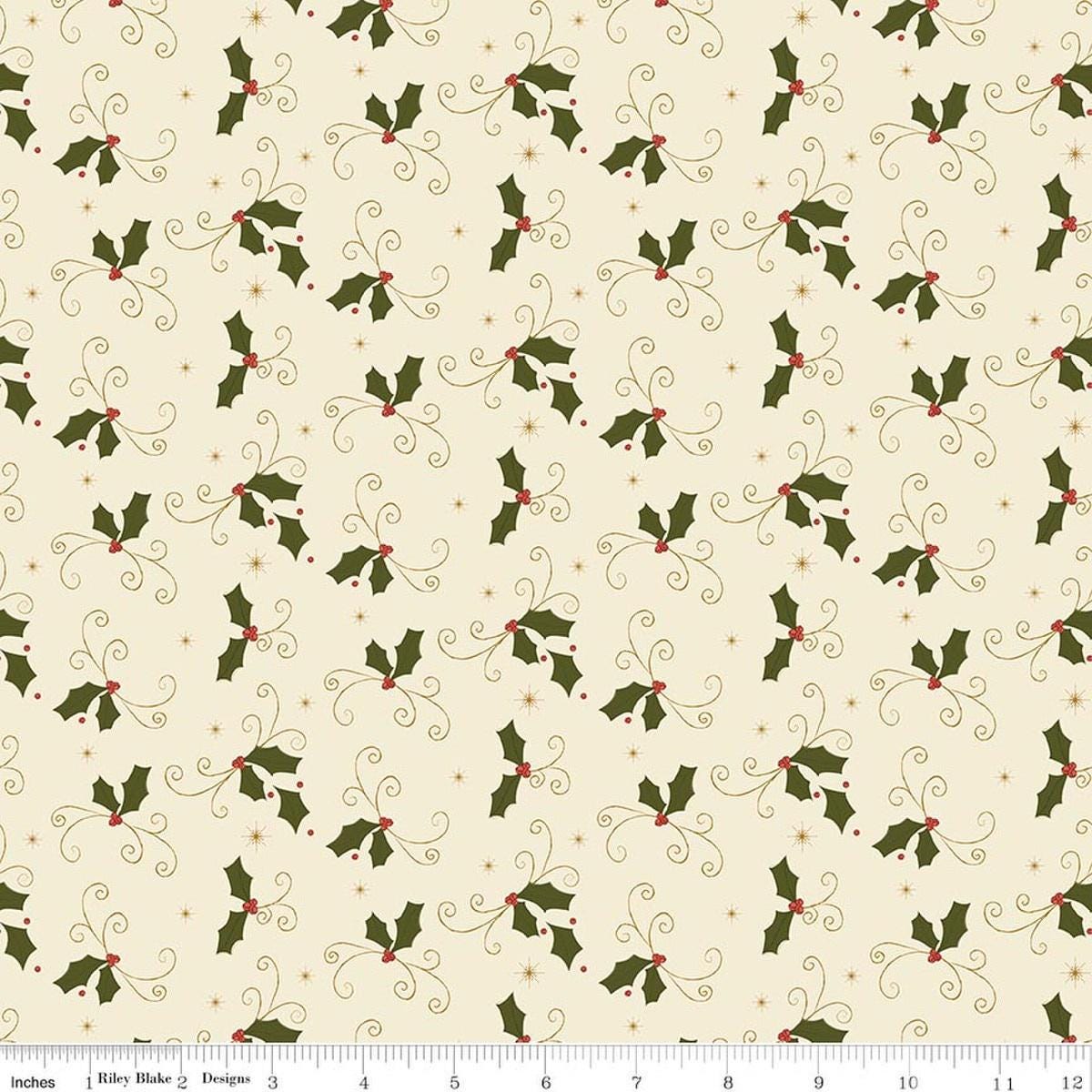 Image of Christmas Greetings Holly Cream quilting cotton fabric by Sandy Gervais for Riley Blake Designs. Features holly on a cream background. Cute Little Fabric Shop.