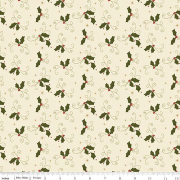 Image of Christmas Greetings Holly Cream quilting cotton fabric by Sandy Gervais for Riley Blake Designs. Features holly on a cream background. Cute Little Fabric Shop.