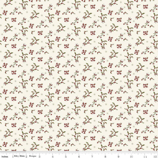 Image of Christmas Greetings Berries Cream quilting cotton fabric by Sandy Gervais for Riley Blake Designs. Features flowers on a cream background. Cute Little Fabric Shop.