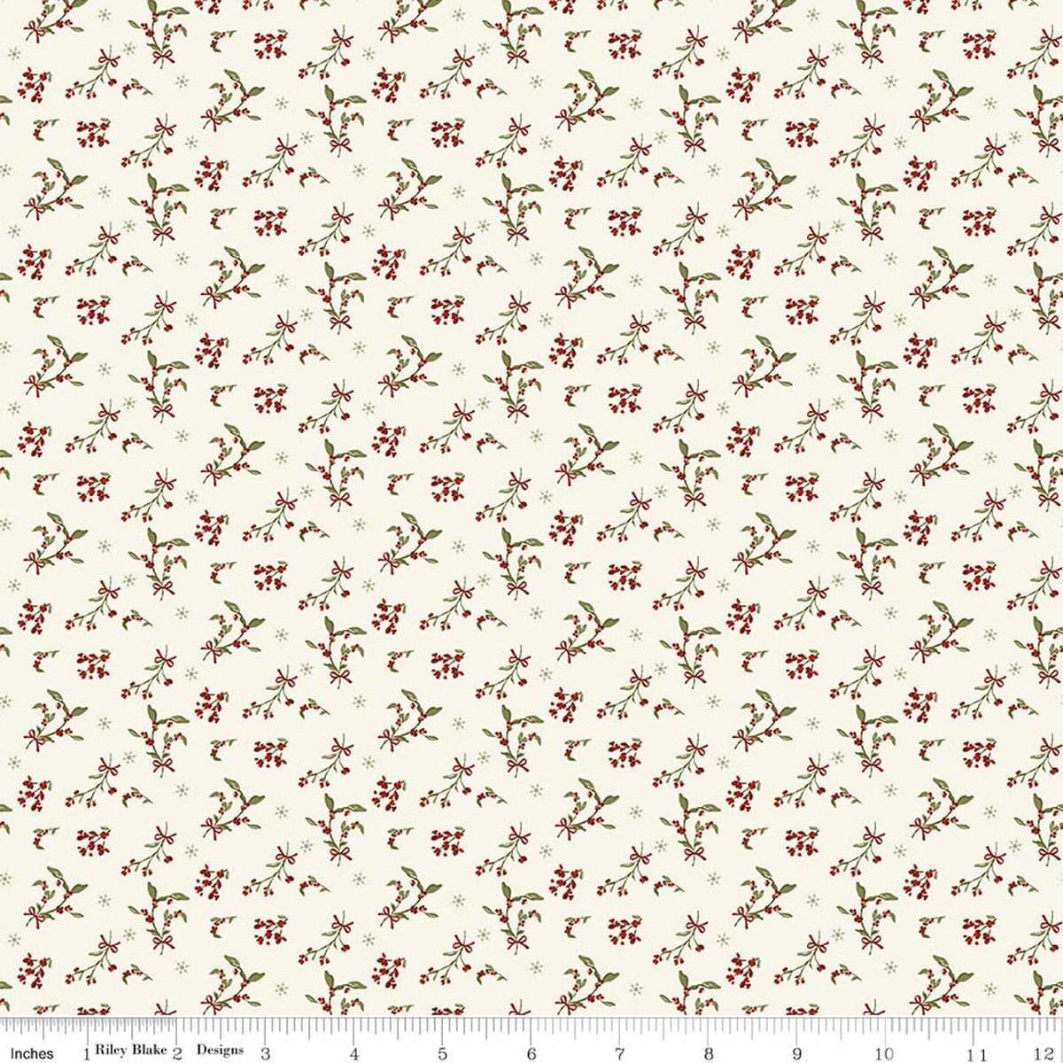 Image of Christmas Greetings Berries Cream quilting cotton fabric by Sandy Gervais for Riley Blake Designs. Features flowers on a cream background. Cute Little Fabric Shop.