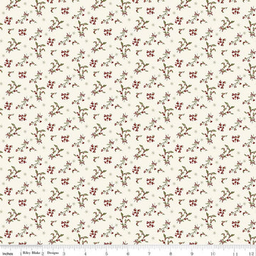 Image of Christmas Greetings Berries Cream quilting cotton fabric by Sandy Gervais for Riley Blake Designs. Features flowers on a cream background. Cute Little Fabric Shop.
