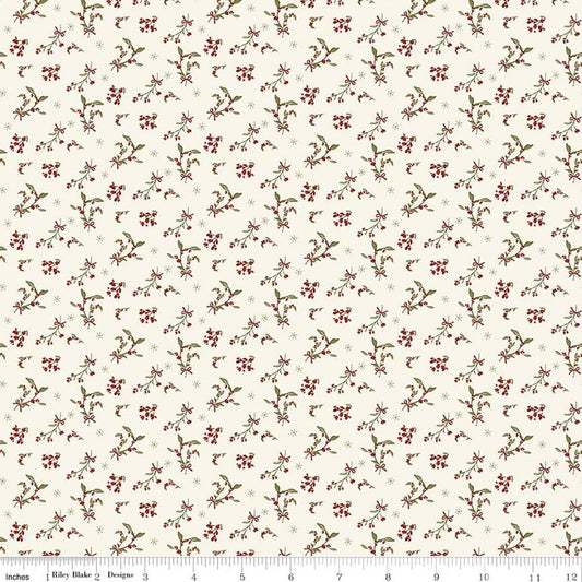Image of Christmas Greetings Berries Cream quilting cotton fabric by Sandy Gervais for Riley Blake Designs. Features flowers on a cream background. Cute Little Fabric Shop.