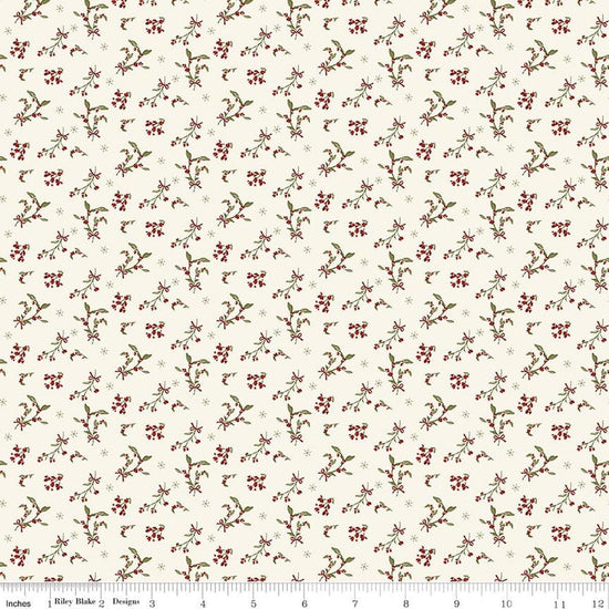 Image of Christmas Greetings Berries Cream quilting cotton fabric by Sandy Gervais for Riley Blake Designs. Features flowers on a cream background. Cute Little Fabric Shop.