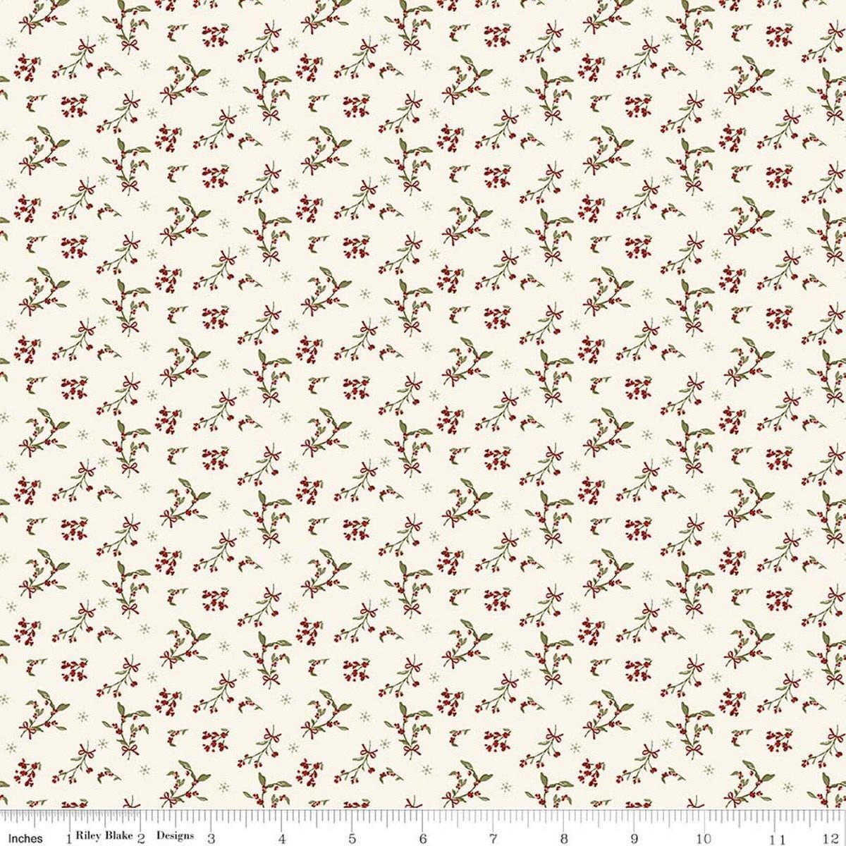 Image of Christmas Greetings Berries Cream quilting cotton fabric by Sandy Gervais for Riley Blake Designs. Features flowers on a cream background. Cute Little Fabric Shop.