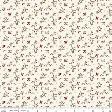 Image of Christmas Greetings Berries Cream quilting cotton fabric by Sandy Gervais for Riley Blake Designs. Features flowers on a cream background. Cute Little Fabric Shop.