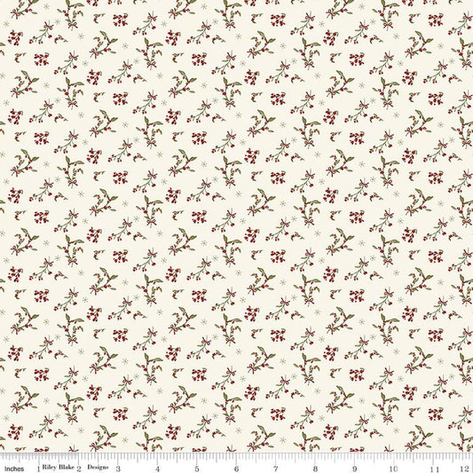 Image of Christmas Greetings Berries Cream quilting cotton fabric by Sandy Gervais for Riley Blake Designs. Features flowers on a cream background. Cute Little Fabric Shop.