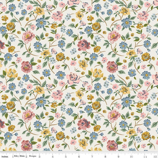 Image of Rosewood Garden Stroll Cream quilting cotton fabric by Jessica Chertkow for Riley Blake Designs. Features flowers on a cream background. Cute Little Fabric Shop.