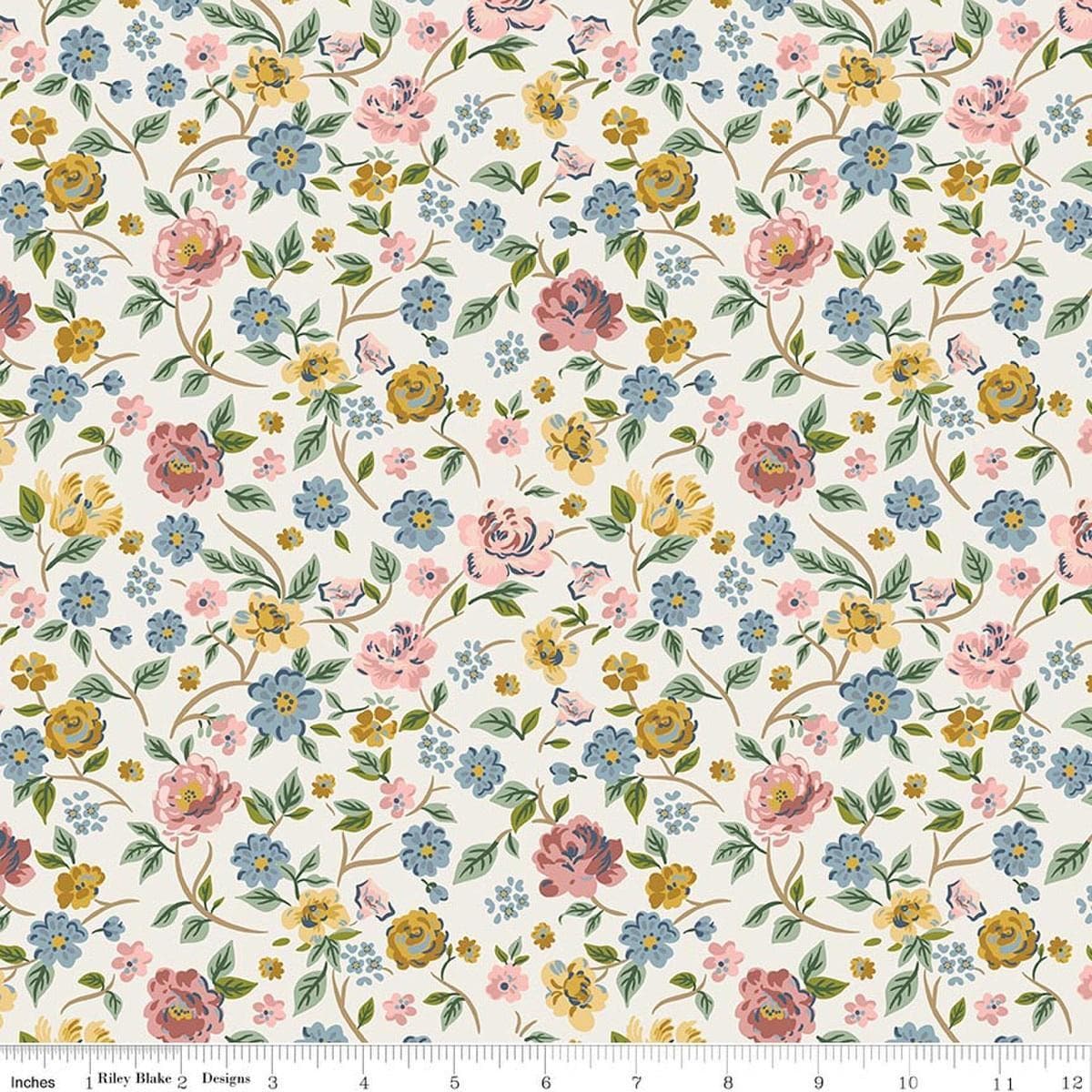Image of Rosewood Garden Stroll Cream quilting cotton fabric by Jessica Chertkow for Riley Blake Designs. Features flowers on a cream background. Cute Little Fabric Shop.