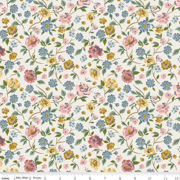 Image of Rosewood Garden Stroll Cream quilting cotton fabric by Jessica Chertkow for Riley Blake Designs. Features flowers on a cream background. Cute Little Fabric Shop.
