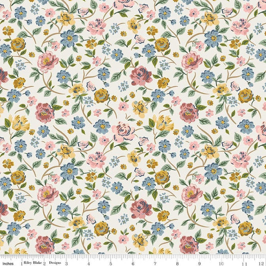 Image of Rosewood Garden Stroll Cream quilting cotton fabric by Jessica Chertkow for Riley Blake Designs. Features flowers on a cream background. Cute Little Fabric Shop.