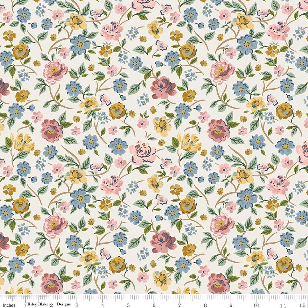 Image of Rosewood Garden Stroll Cream quilting cotton fabric by Jessica Chertkow for Riley Blake Designs. Features flowers on a cream background. Cute Little Fabric Shop.