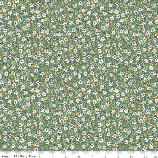 Image of Rosewood Wren Green quilting cotton fabric by Jessica Chertkow for Riley Blake Designs. Features flowers on a green background. Cute Little Fabric Shop.