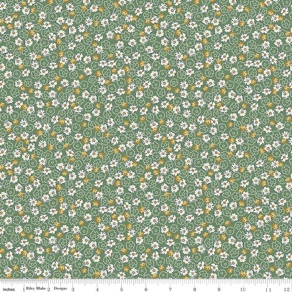 Image of Rosewood Wren Green quilting cotton fabric by Jessica Chertkow for Riley Blake Designs. Features flowers on a green background. Cute Little Fabric Shop.