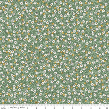 Image of Rosewood Wren Green quilting cotton fabric by Jessica Chertkow for Riley Blake Designs. Features flowers on a green background. Cute Little Fabric Shop.