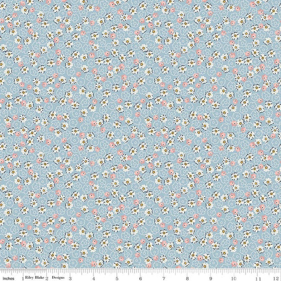 Image of Rosewood Wren Blue quilting cotton fabric by Jessica Chertkow for Riley Blake Designs. Features flowers on a blue background. Cute Little Fabric Shop.