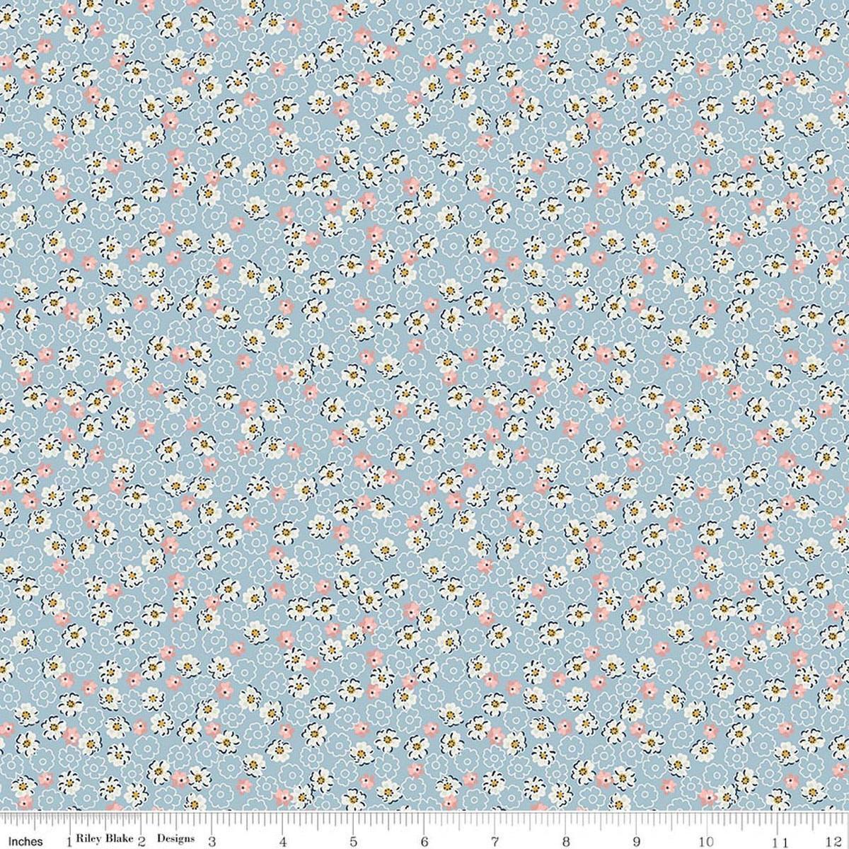 Image of Rosewood Wren Blue quilting cotton fabric by Jessica Chertkow for Riley Blake Designs. Features flowers on a blue background. Cute Little Fabric Shop.