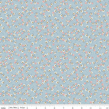 Image of Rosewood Wren Blue quilting cotton fabric by Jessica Chertkow for Riley Blake Designs. Features flowers on a blue background. Cute Little Fabric Shop.