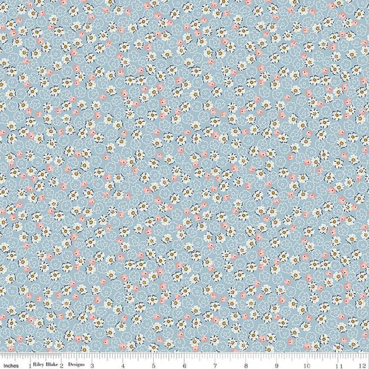 Image of Rosewood Wren Blue quilting cotton fabric by Jessica Chertkow for Riley Blake Designs. Features flowers on a blue background. Cute Little Fabric Shop.