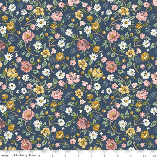 Image of Rosewood Garden Stroll Oxford quilting cotton fabric by Jessica Chertkow for Riley Blake Designs. Features flowers on a blue background. Cute Little Fabric Shop.