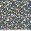 Image of Rosewood Garden Stroll Oxford quilting cotton fabric by Jessica Chertkow for Riley Blake Designs. Features flowers on a blue background. Cute Little Fabric Shop.
