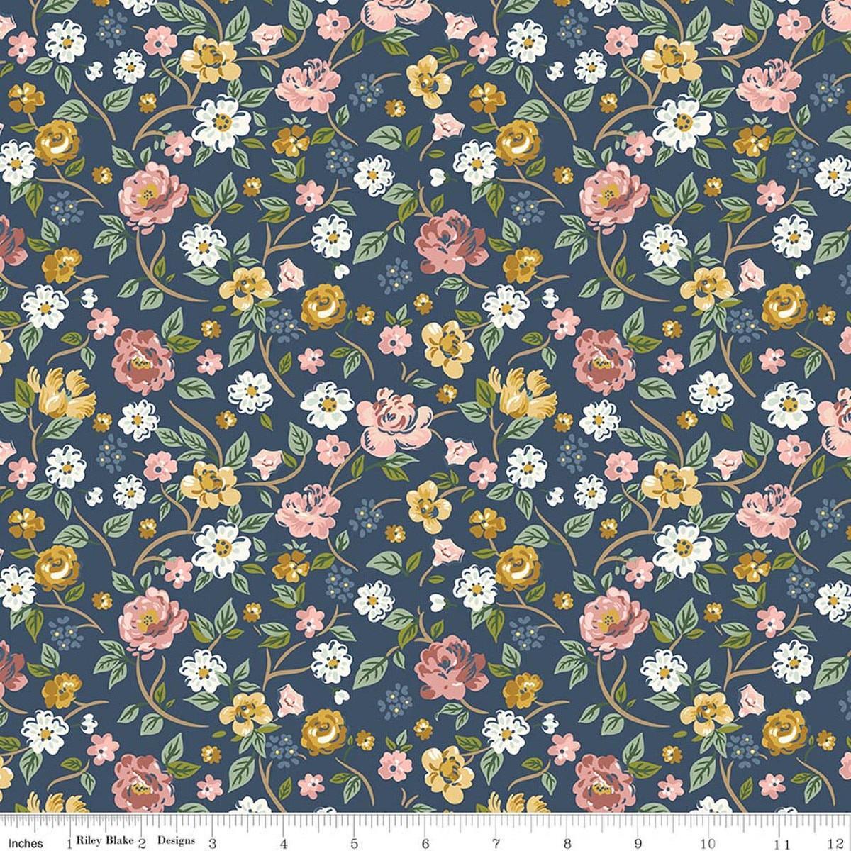 Image of Rosewood Garden Stroll Oxford quilting cotton fabric by Jessica Chertkow for Riley Blake Designs. Features flowers on a blue background. Cute Little Fabric Shop.