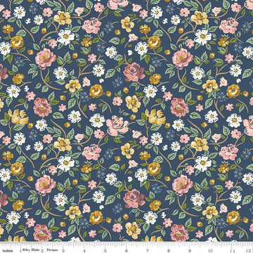 Image of Rosewood Garden Stroll Oxford quilting cotton fabric by Jessica Chertkow for Riley Blake Designs. Features flowers on a blue background. Cute Little Fabric Shop.