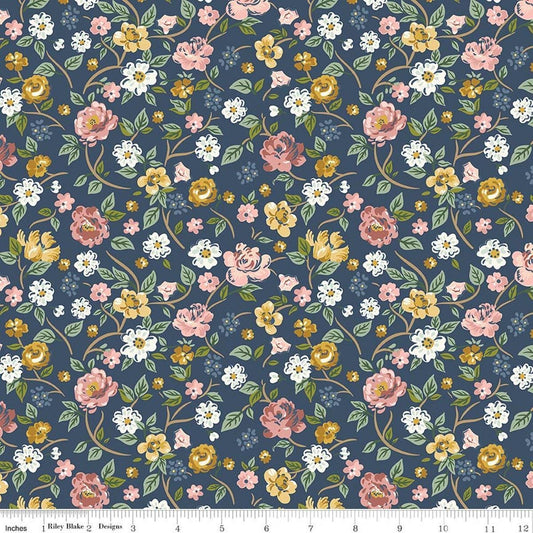 Image of Rosewood Garden Stroll Oxford quilting cotton fabric by Jessica Chertkow for Riley Blake Designs. Features flowers on a blue background. Cute Little Fabric Shop.