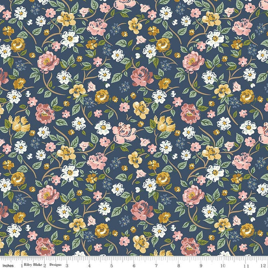 Image of Rosewood Garden Stroll Oxford quilting cotton fabric by Jessica Chertkow for Riley Blake Designs. Features flowers on a blue background. Cute Little Fabric Shop.