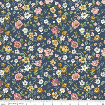Image of Rosewood Garden Stroll Oxford quilting cotton fabric by Jessica Chertkow for Riley Blake Designs. Features flowers on a blue background. Cute Little Fabric Shop.