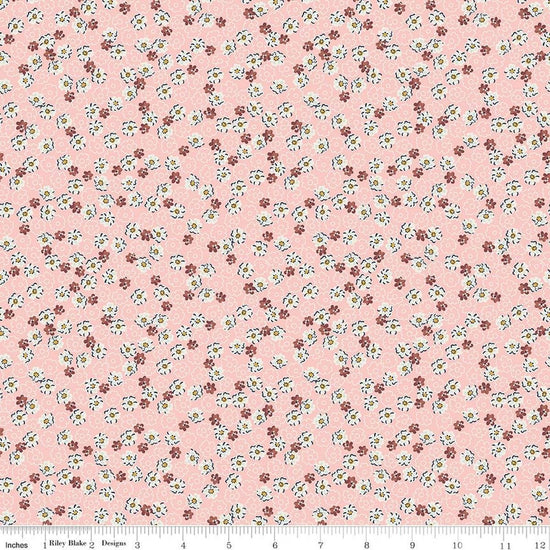 Image of Rosewood Wren Pink quilting cotton fabric by Jessica Chertkow for Riley Blake Designs. Features flowers on a pink background. Cute Little Fabric Shop.