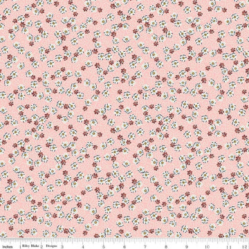 Image of Rosewood Wren Pink quilting cotton fabric by Jessica Chertkow for Riley Blake Designs. Features flowers on a pink background. Cute Little Fabric Shop.