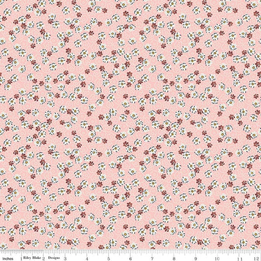 Image of Rosewood Wren Pink quilting cotton fabric by Jessica Chertkow for Riley Blake Designs. Features flowers on a pink background. Cute Little Fabric Shop.