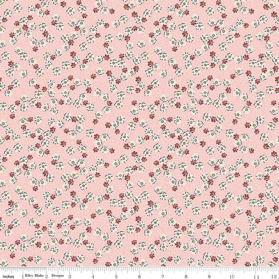 Image of Rosewood Wren Pink quilting cotton fabric by Jessica Chertkow for Riley Blake Designs. Features flowers on a pink background. Cute Little Fabric Shop.