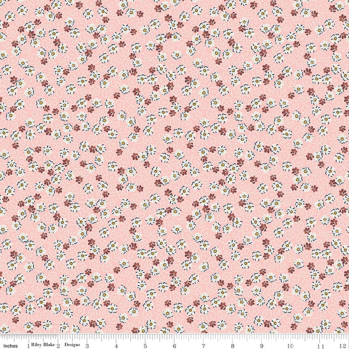 Image of Rosewood Wren Pink quilting cotton fabric by Jessica Chertkow for Riley Blake Designs. Features flowers on a pink background. Cute Little Fabric Shop.