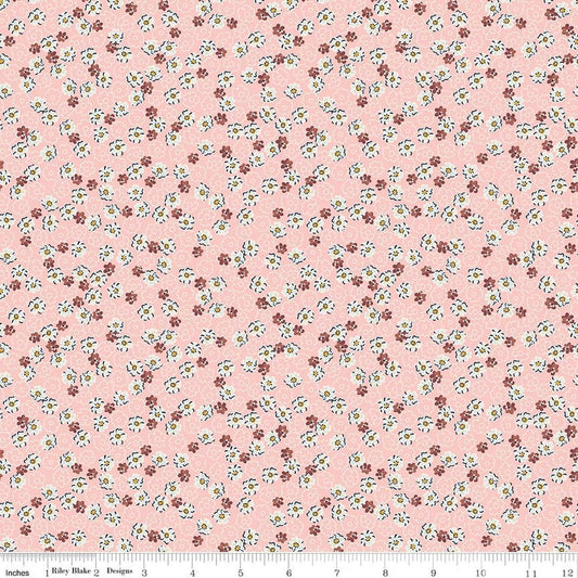 Image of Rosewood Wren Pink quilting cotton fabric by Jessica Chertkow for Riley Blake Designs. Features flowers on a pink background. Cute Little Fabric Shop.